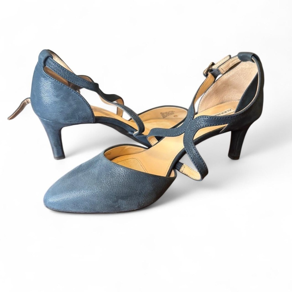Alex Marie Dark Teal Blue Leather Heels | Size 8 | Strappy Pointed Toe